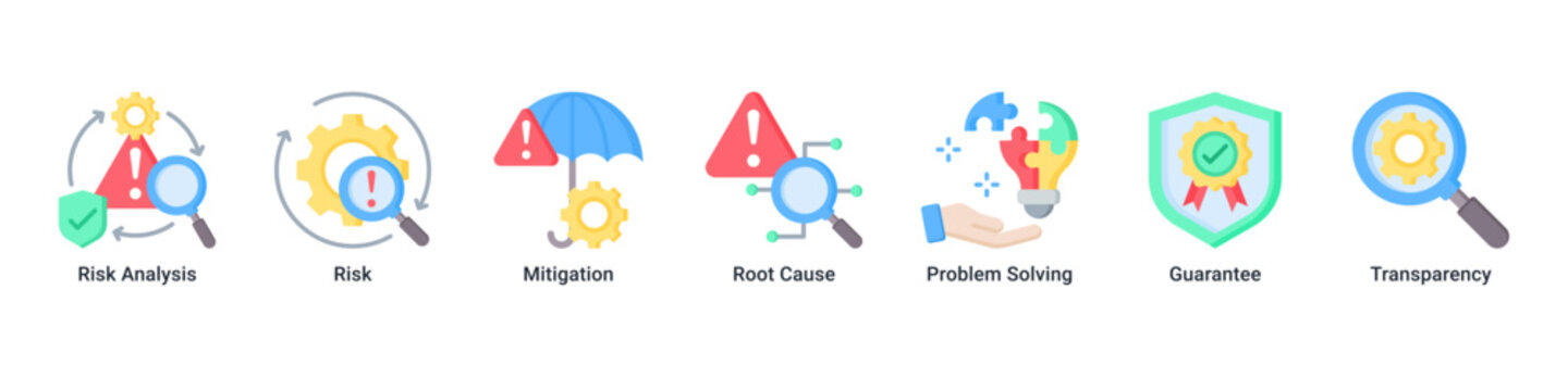 Risk Management web banner icon vector illustration featuring Risk Analysis, Risk, Mitigation, Root Cause, Problem Solving, Guarantee and Transparency