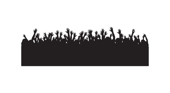 Silhouettes of crowd hands raised in air during concert or public event showing excitement and active group participation.