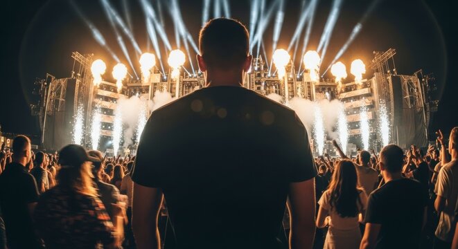 Dynamic Wide Angle Back View of Person in Black Tshirt at Concert Stage Pyro