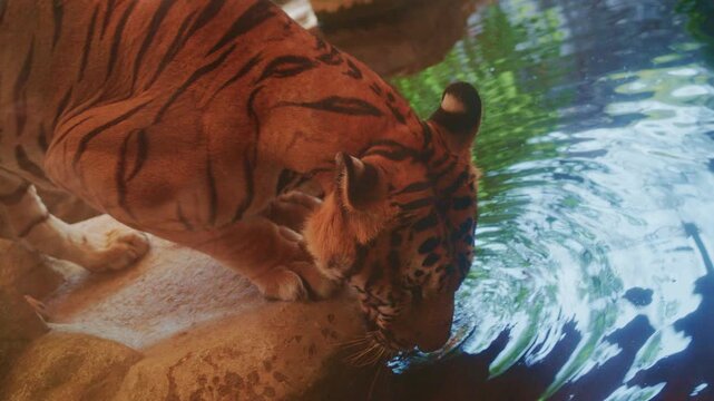Bengal Tiger drinking water from a pond in the wild.