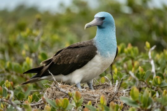 Blue-footed booby perched on a nest in a green shrubbery habitat