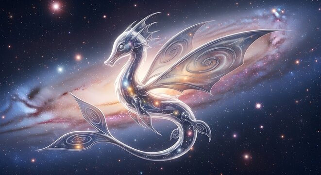 Mythical celestial seahorse dragon with glowing body and wings in outer space galaxy background.