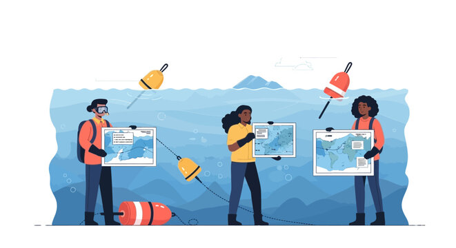 Three diverse oceanographers examining marine survey charts in water. EPS Editable. Vector Illustrations.