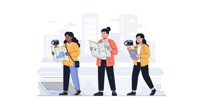 Three diverse young people exploring with city maps and cameras. EPS Editable. Vector Illustrations.