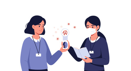 Fototapeta premium Two colleagues performing a medical checkup and health screening in the office. EPS Editable. Vector Illustrations.