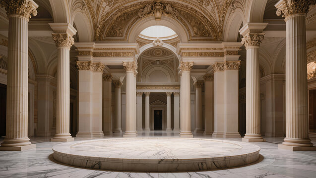 Grand Neoclassical Hall with Marble Columns and Central Platform