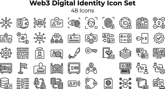Web3 Digital Identity Icon Set Featuring Decentralized IDs, Authentication, Biometrics, Verification, Privacy and Secure Credential Concepts
