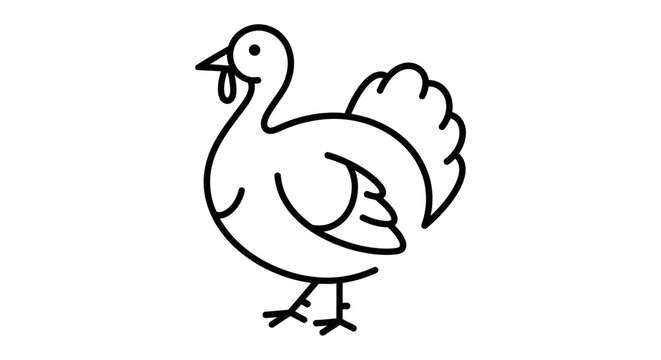 A simple black and white line art drawing of a domestic turkey with a plump body and fanned tail feathers, facing left.