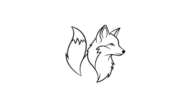 Elegant black and white line art illustration of a fox's head and bushy tail in profile, minimalist animal drawing.