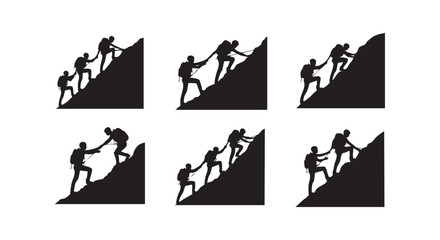 Obraz premium Team of climbers ascending mountain silhouette, helping each other, vector illustration.