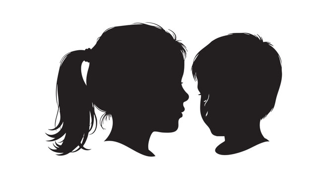 Two children's profiles in silhouette, depicting a girl with a ponytail and a boy facing each other.