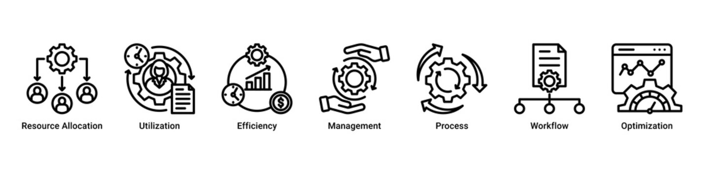 Resource Management web banner icon vector illustration featuring Resource Allocation, Utilization, Efficiency, Management, Process, Workflow and Optimization
