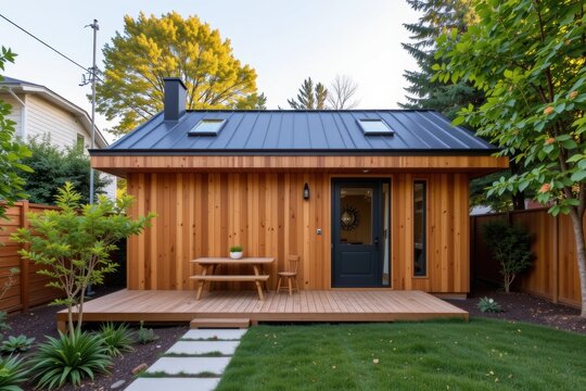 Modern cedar-clad tiny house with metal roof and deck in landscaped backyard.