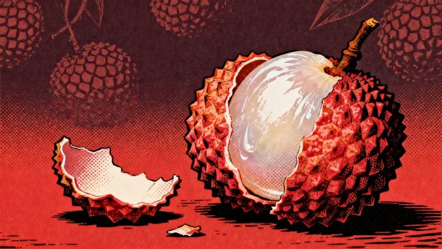 Vintage Style Lychee Fruit with Open Peel and Juicy Flesh Illustration