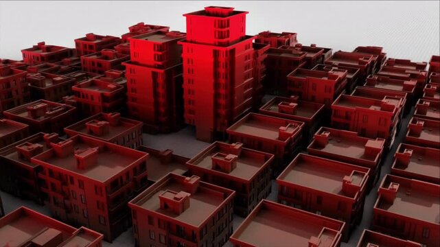 幾何学グリッドから構築される黒曜石の都市と赤いランドマークの点火タイムラプス