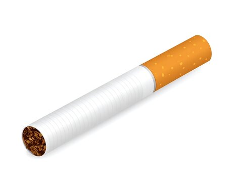 Isolated close-up of a single cigarette, angled and lit end visible
