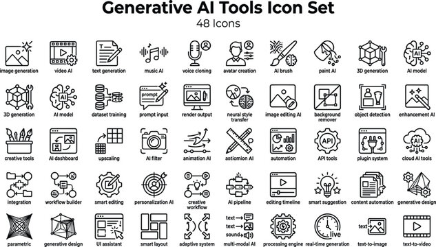 Generative AI Tools Icon Set Featuring Image, Text, Audio, Video Creation, Prompting, Editing and Content Generation Concepts