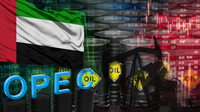 United Arab Emirates' strategic role in the global oil market and its cooperation with OPEC. Illustrated with economic data and oil barrels. 