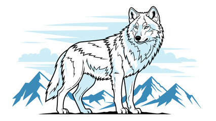 Obraz premium Majestic white wolf stands proudly against a backdrop of snow-capped blue mountains and white clouds in this serene winter wilderness.
