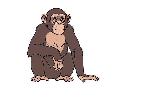 Cute chimpanzee sits on the ground in a relaxed pose in this colorful and detailed illustration of a smart primate in nature.