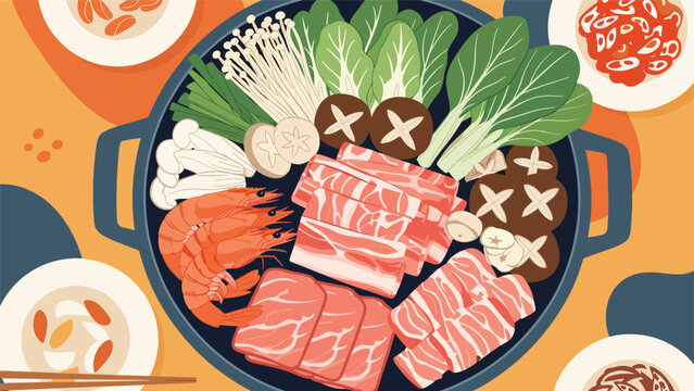 Traditional Japanese hot pot called nabe is filled with various ingredients like meat shrimp mushrooms and leafy greens viewed from directly above.