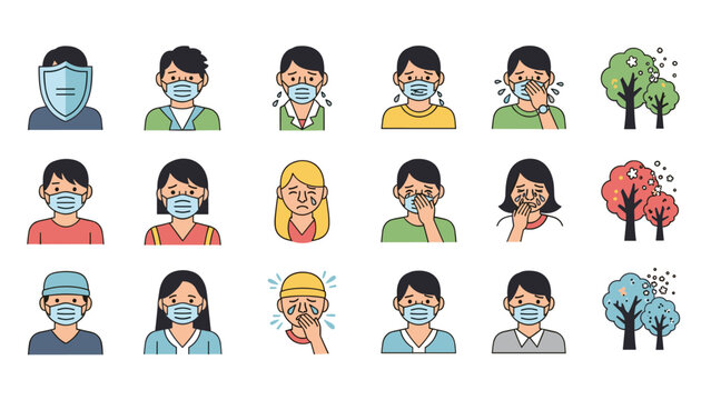 Comprehensive icon set depicts people suffering from seasonal allergies wearing medical masks and sneezing near pollen producing trees in spring.