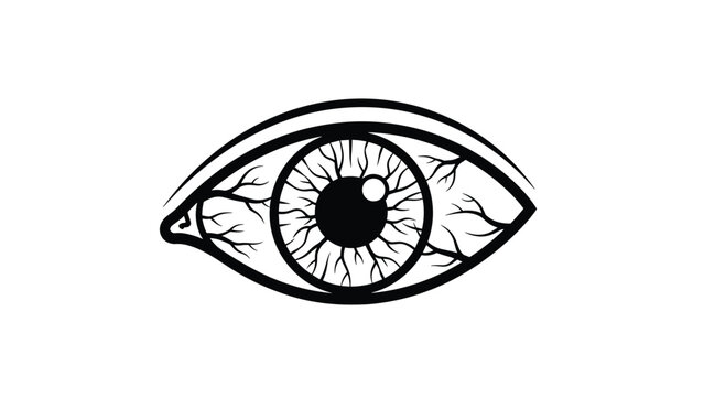 Human eye with many visible blood vessels in the sclera and a detailed iris in a black and white line art style.