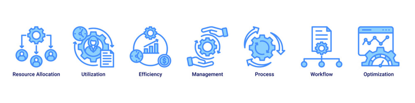 Resource Management web banner icon vector illustration featuring Resource Allocation, Utilization, Efficiency, Management, Process, Workflow and Optimization