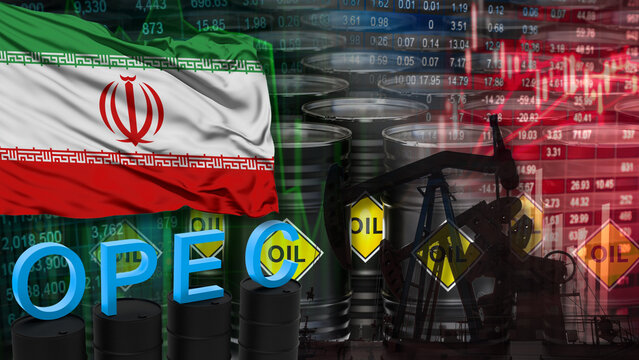 Iran's strategic role in the global oil market and its cooperation with OPEC. Illustrated with economic data and oil barrels. 