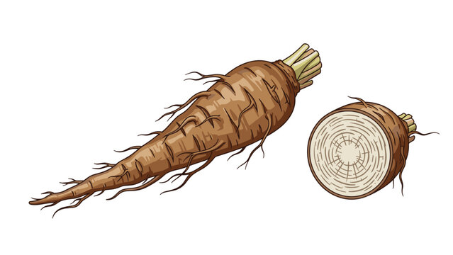 Pixel art style illustration of a whole burdock root and its sliced cross-section featuring brown tones and detailed textures.