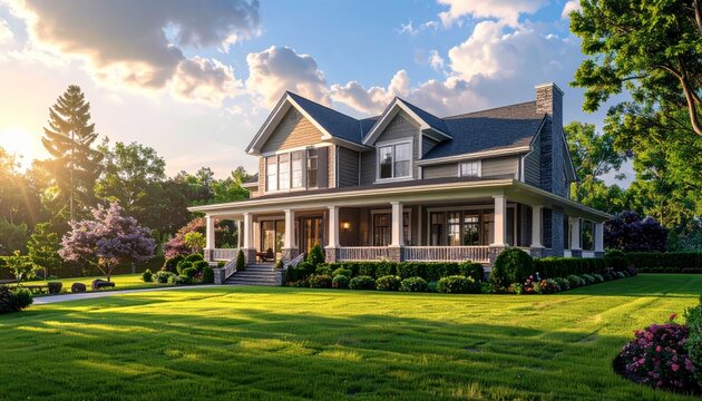 A luxury new brick residence features modern architecture and a front lawn garden under a clear sky in this suburban estate neighborhood property