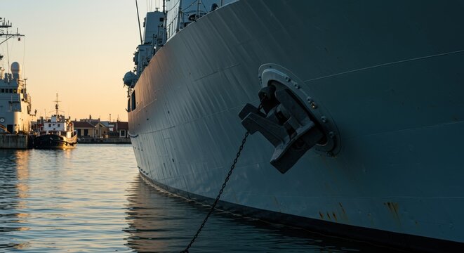 Warship anchored at harbor with visible large anchor chain during sunset