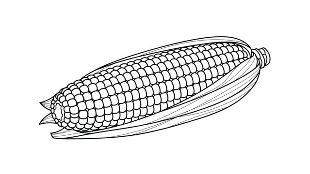 Realistic line art drawing of a fresh ear of corn with its husk partially peeled back to reveal the kernels on the cob.