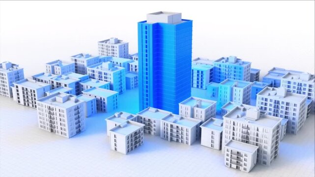 幾何学グリッドから構築される純白セラミックの都市と青色ランドマークの点火タイムラプス