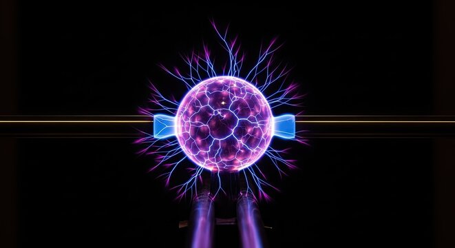Plasma Ball with Electric Arcs and Lightning Strikes on Black Background