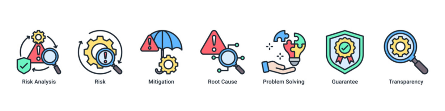 Risk Management web banner icon vector illustration featuring Risk Analysis, Risk, Mitigation, Root Cause, Problem Solving, Guarantee and Transparency