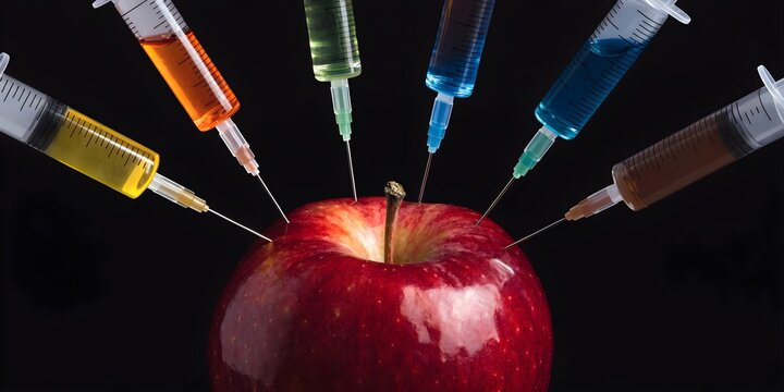 Apple Injected with Syringes Representing Food Safety Genetic Modification Chemical Treatment and Health Risk Concept