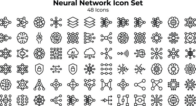Neural Network Icon Set Featuring AI Models, Deep Learning, Data Connections, Nodes, Algorithms and Machine Intelligence Concepts