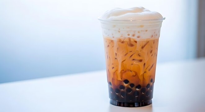 Delicious thai iced tea with milk foam and boba pearls in a plastic cup