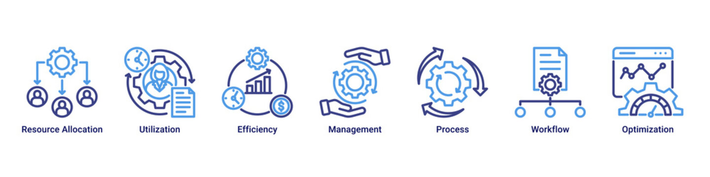 Resource Management web banner icon vector illustration featuring Resource Allocation, Utilization, Efficiency, Management, Process, Workflow and Optimization