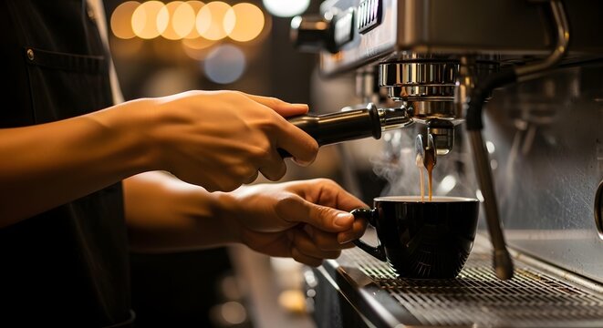 Barista preparing espresso coffee using professional machine, closeup on hands pouring dark beverage into black cup in dimly lit cafe