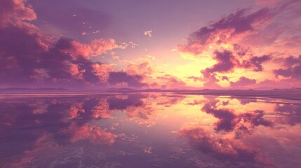 Fototapeta premium Vibrant sunset colors reflect intensely upon a vast, flat body of water.