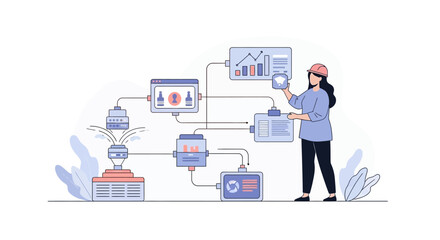 Fototapeta premium A female engineer managing data workflows and technical systems in a digital workspace. EPS Editable. Vector Illustrations.