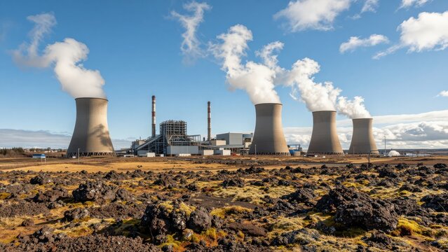Modern Power Plant Cooling Towers Against Vast Landscape