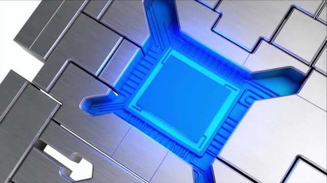 白背景で幾何学グリッドから構築されるプラチナ製マイクロチップパズルと青色回路の点火タイムラプス