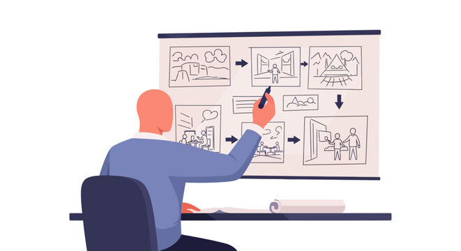 A male creative professional planning a film production using a storyboard on a whiteboard. EPS Editable. Vector Illustrations.