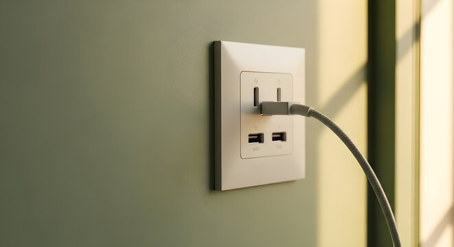 Modern usb wall outlet with a cable plugged into it on green wall