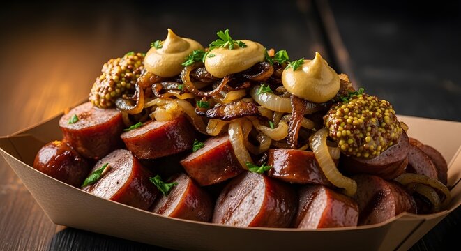 Delicious sausages with caramelized onions and mustard in a paper tray