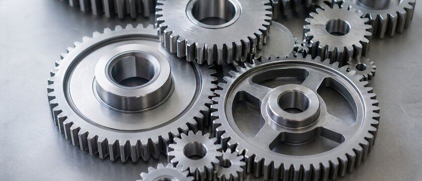 Close-up of interlocking metal gears and cogs with mechanical machinery industry technology components mechanism