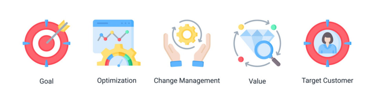 Process Management icon set featuring strategy,goal,optimization,and customer value concepts.Ideal for business planning,management,and process improvement.